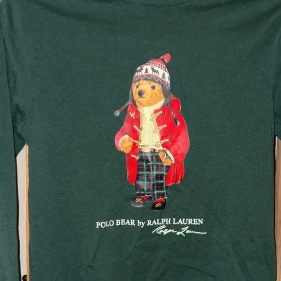 Ralph Lauren Kids Dark Green Long Sleeve Tee with Bear Design - Picture 3 of 5